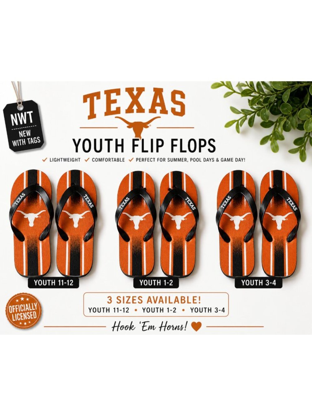 Texas Longhorns Flip Flops Youth Sizes 11-12, 1-2, 3-4 NCAA Sandals NWT
